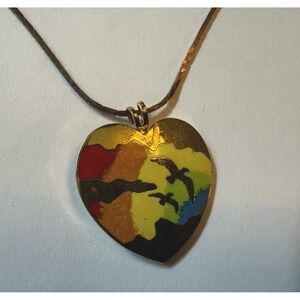 Vintage Heart Shaped Rainbow Birds Retro Pendant Necklace W/ Gold Tone 20" Chain